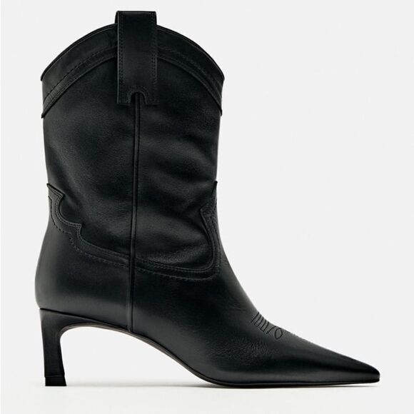 ZARA LEATHER COWBOY HEELED ANKLE BOOTS - Picture 7 of 10